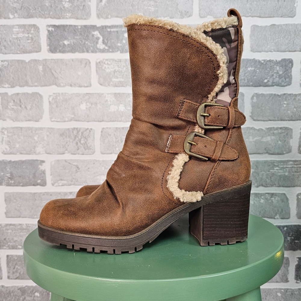 Baretraps Tevin Brown Camo Textile Ankle Boots Faux Fur Lined Block Heel Size 7M